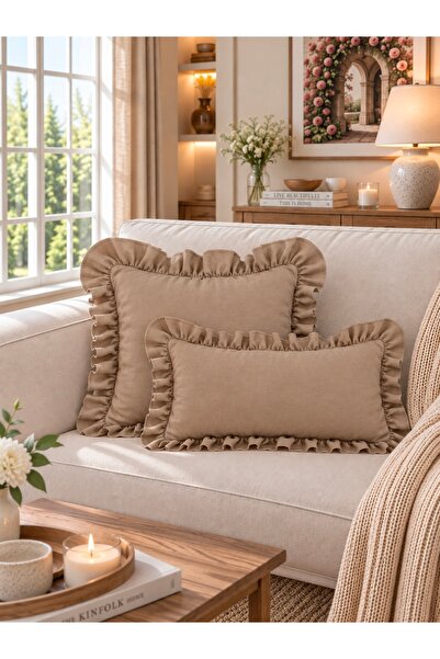 Decamor home İnci Vintage Milky Brown Ruffled Throw Pillow Cover 1 Pc