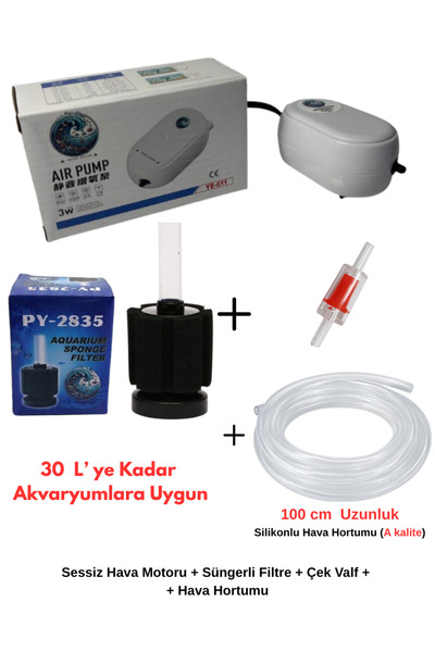 Poyel Decor Akvaryum Filtresi - Sessiz Hava Motoru - Hava Hortumu - Hava Vana...