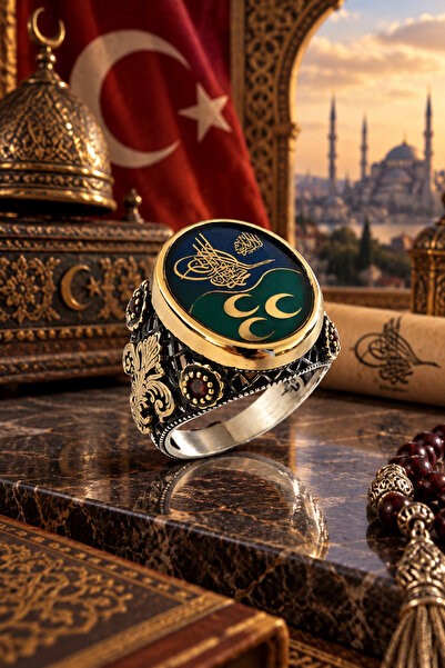 Siset Gümüş 925 Ayar Tuğra ve Üç Hilal İşlemeli Erkek Gümüş Yüzük