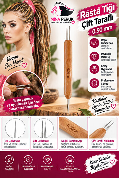 Mina Peruk Double Sided Rasta Crochet Hook 0.50 mm Natural Bamboo Handle Hair...