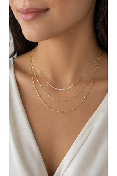 Yonida Jewelry Çelik Kolye 14K Altın Renginde Zirkon Taşlı Minimal Üçlü Model...