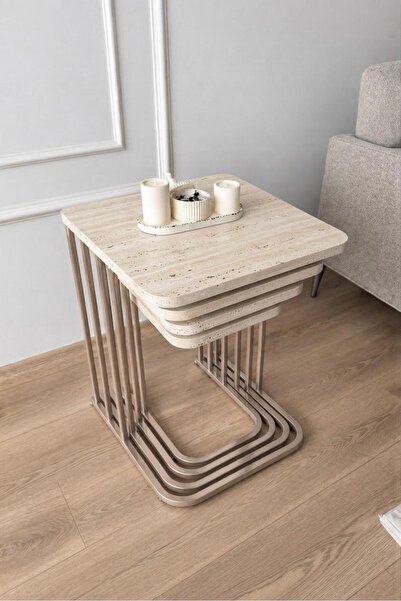 ERYALUX HOME 4'LÜ TEKERLİ İÇİÇE GEÇEN ZİGON SEHPA ( CAPPUCCİNO AYAK - TRAVERT...