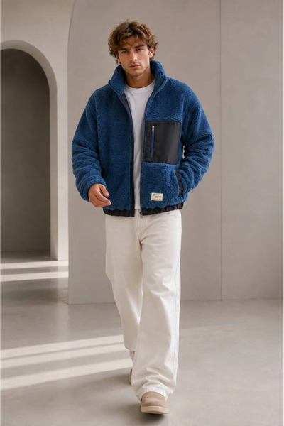 MADZEYMODA Men's Lined Indigo Blue Plush Coat Mz86060