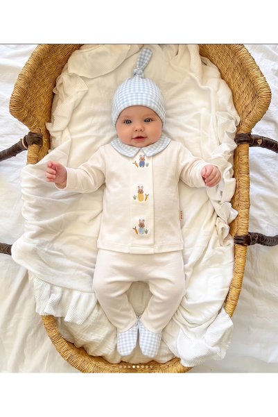 Momercy Rabbit Embroidered Newborn 0-3 Months Baby Boy Plaid Pattern 5-Piece Hospital Discharge Set