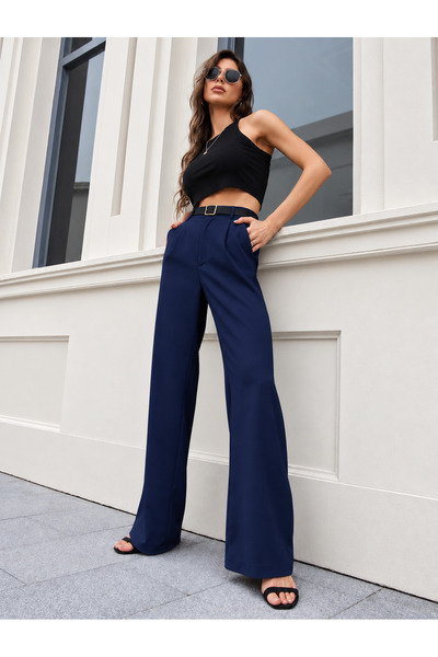 glanour Women's Navy Blue Stretch Fabric Palazzo Relaxed Wide-Leg Pants