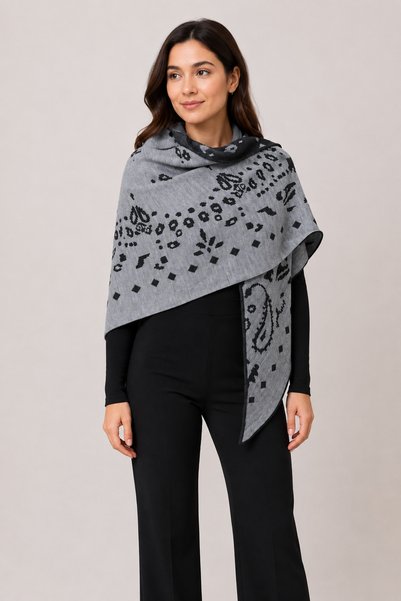 Sebir Moda Patterned Double-Sided Knitwear Triangle Shawl