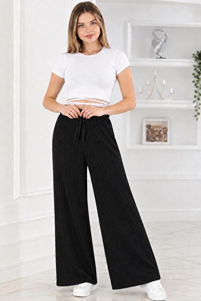 Pi Giyim Women's Winter Camisole Black Pajama Bottoms with Ribbed Elastic Waist