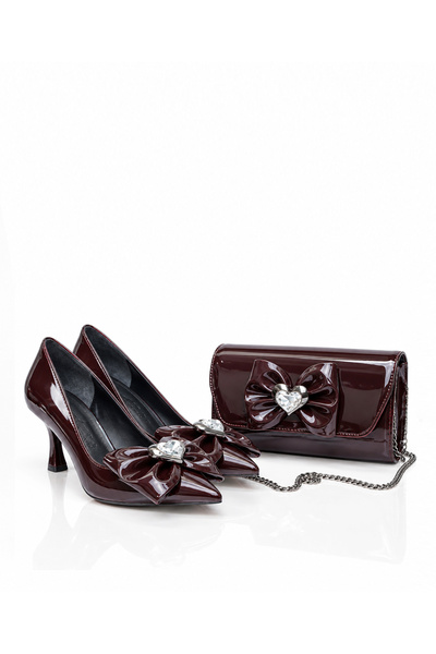 DUDYEN SHOES Women's Brown Patent Leather Bow and Stone Accessory 7 cm Heeled Shoes and Bag Set