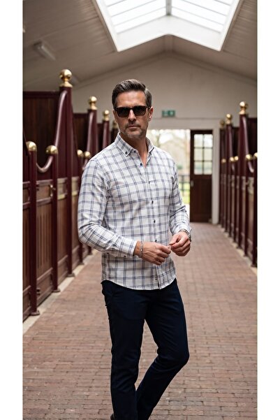 MEGALDİ Erkek Slim Fit Kesim Beyaz İndigo Kareli Uzun Kollu Gömlek