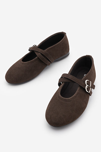 Marjin Women's Cross Strap Ballerinas Niroza Brown Suede