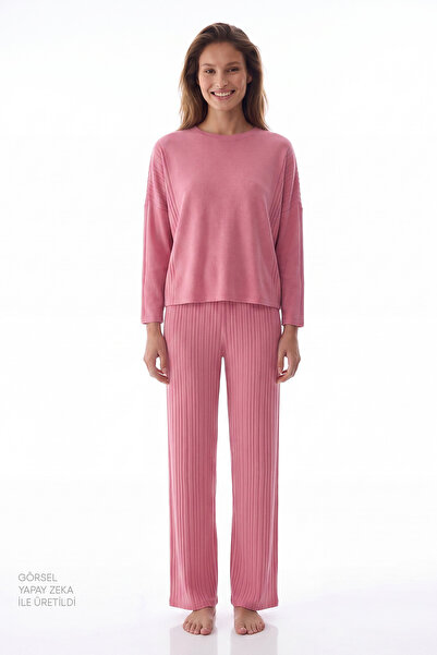 Penti Gül Kurusu Rosy Pink Long Sleeve Pants Pajama Set