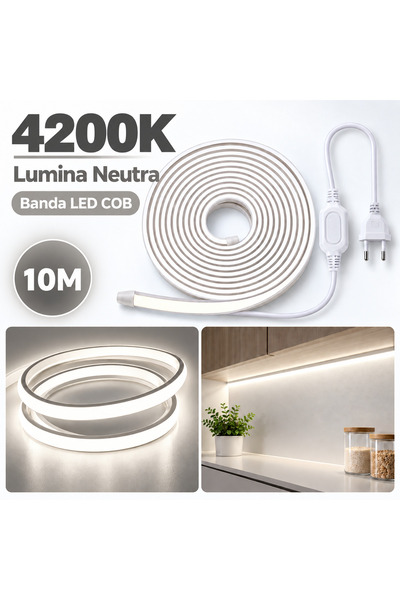 proled Bandă LED COB 220V IP65, 10W/m, 1000lm/m, 4200K, 10m, Kit cu sursă de ...