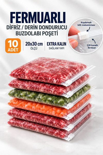 Delvos 20x30cm Fermuarlı Difriz Derin Dondurucu Buzdolabı Poşeti Buzluk Düzen...