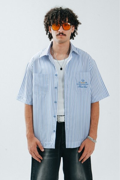 GRJ denim Blue Striped Cotton Oversize Men's Shirt