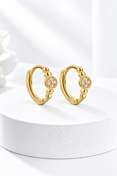 jelux silver Gümüş 925 Ayar 1.3 Cm Zirkon Taşlı Toplu Gold Küpe