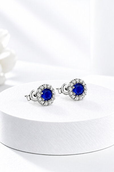 jelux silver Gümüş 925 Ayar 7 Mm Zirkon Safir Taşlı Yuvarlak Küpe
