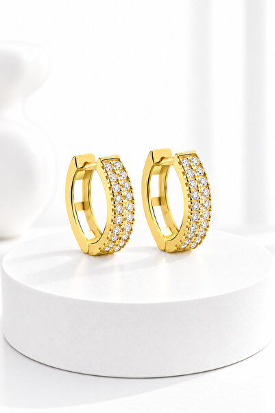 jelux silver Gümüş 925 Ayar 1,3 Cm Çift Sıra Zirkon Taşlı Halka Gold Küpe