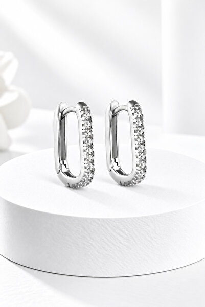 jelux silver Gümüş 925 Ayar 1.4 Cm Zirkon Taşlı U Model Küpe