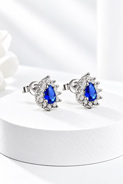 jelux silver Gümüş 925 Ayar Çivili Zirkon Taşlı Anturajlı Safir Damla Küpe