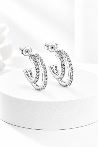 jelux silver Gümüş 925 Ayar 1.5 Cm Çift Halka Zirkon Taşlı Küpe