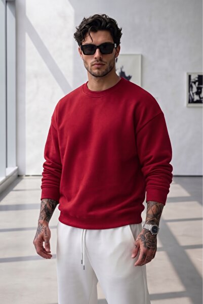 NO 601 Men's Red Crew Neck Hoodless Winter Sweatshirt