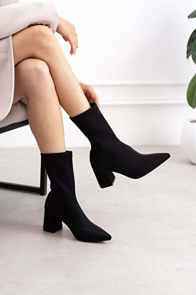 dabab shoes RACHEL Kadın Siyah Sivri Burun Dalgıç Streç 7 Cm Kalın Topuklu Ço...