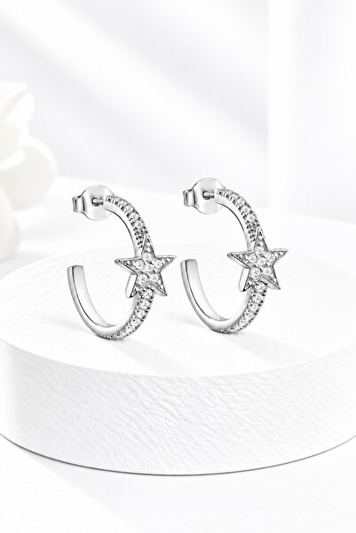 jelux silver Gümüş 925 Ayar Zirkon Taşlı 1,6 Cm Sıra Taşlı Yarım Tur Yıldız Küpe
