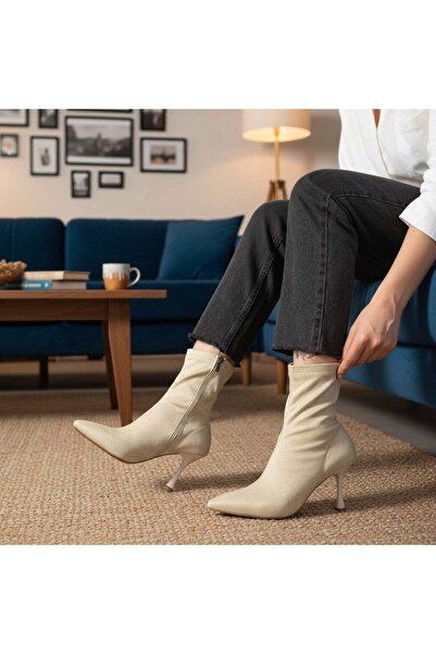 dabab shoes MARYA Γυναικεία μπεζ Stretch Luxury Suede μποτάκια με μυτερή μύτη...
