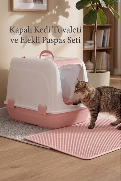 Petozi Kapalı Kedi Kum Kabı Elekli Paspas Ve Kürek Hediyeli