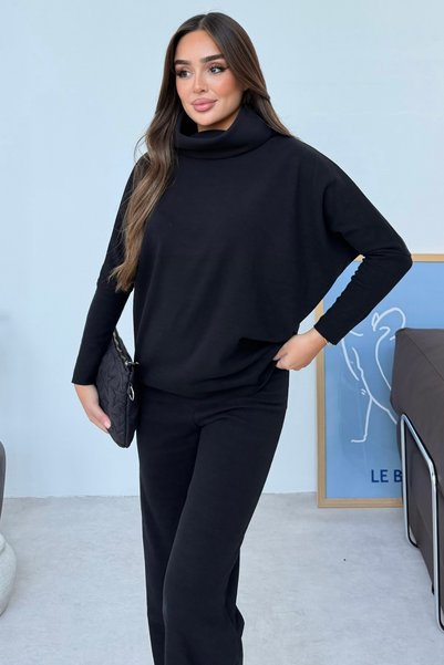 modavingo Set de top și pantaloni negri cu textură moale pentru femei