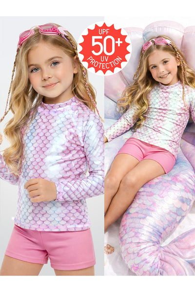 Denokids UV Korumalı Kız Çocuk Mayo T-shirt UVP+50 Faktör Koruma Uzun Kollu D...