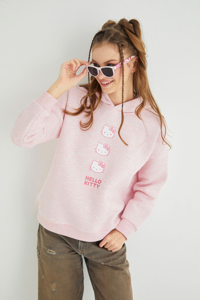 Hello Kitty Lisanslı Baskılı Kapüşonlu Pembe Sweatshirt