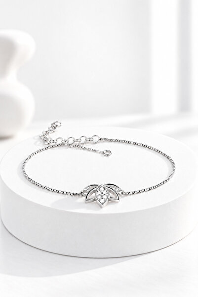 jelux silver Gümüş 925 Ayar Zirkon Taşlı Lotus Çiçeği Ayarlanabilir Bileklik