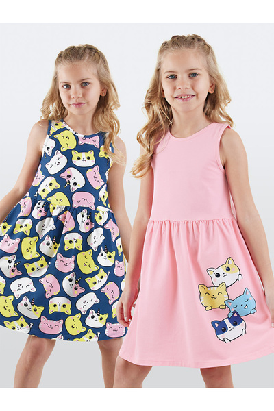 Denokids Sevimli Kediler Kız Çocuk 2'li Elbise