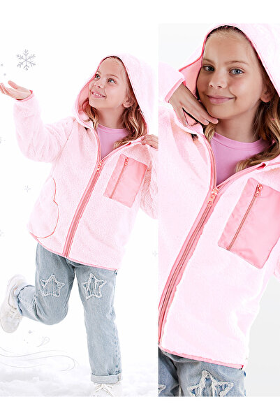 Denokids Kız Çocuk Mont Kalp Cepli Pembe Peluş Mont