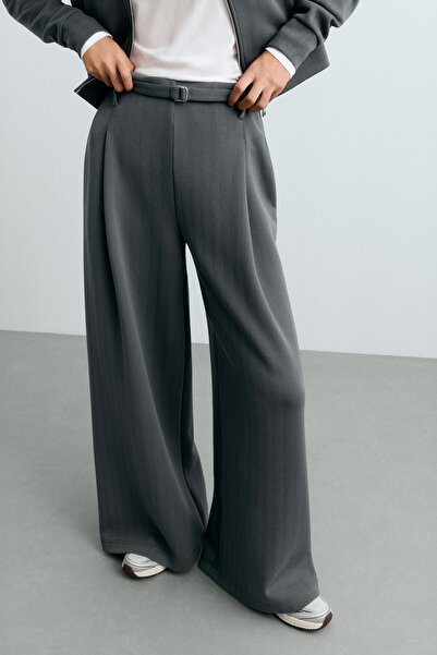 Oysho Pamuklu piqué çizgili wide leg pantolon