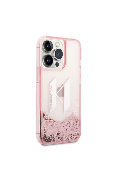 Karl Lagerfeld Apple iPhone 14 Pro Max Kılıf Sıvılı Simli Dizayn Kapak Pembe