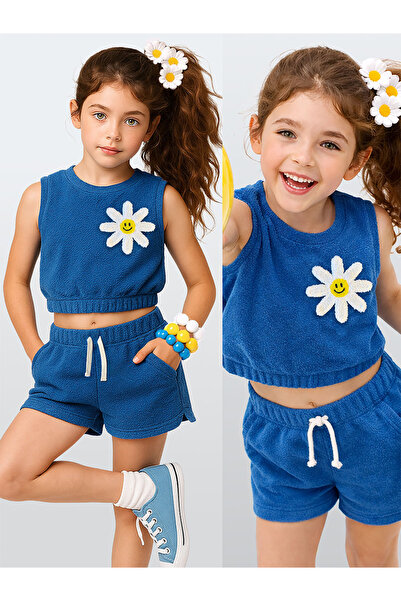 Denokids Kız Çocuk Takım Papatya Çiçekli Havlu Kumaş Crop Top Şort Takım İlkb...