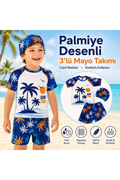 rony pony kids Erkek Çocuk Palmiye Desenli 3’lü Mayo Takımı Tişört Şort Bone Set