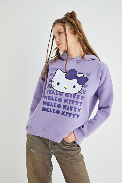 Hello Kitty Lisanslı Baskılı Kapüşonlu Oversize Sweatshirt
