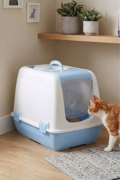 Petozi Kapalı Kedi Tuvaleti - 40x37,5x50 Cm Kürekli Mavi