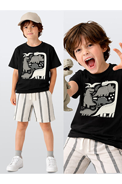 Denokids Boy's Set Dino Cotton T-Shirt and Striped Linen-Look Summer Shorts