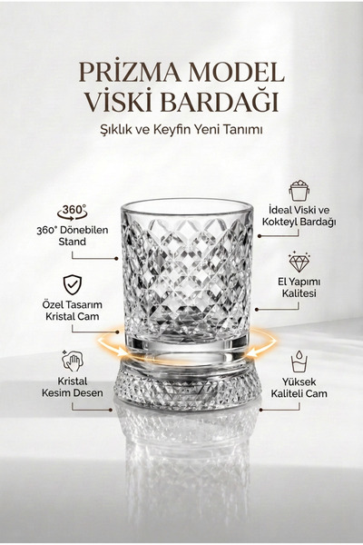 GİNZAMAİSON 360° Dönebilen Standlı Kafes Desenli Cam Viski ve Kokteyl Bardağı...