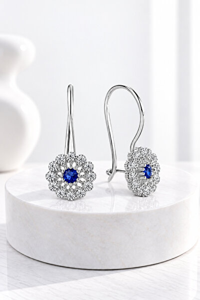 jelux silver Gümüş 925 Ayar Telkari Çiçek Model Zirkon Safir Taşlı Küpe