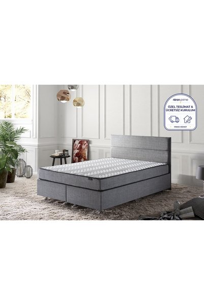 Niron Yatak Niron Silver Yatak Baza Başlık Seti Full Ortopedik Yatak Gri Keten Baza ve Başlık