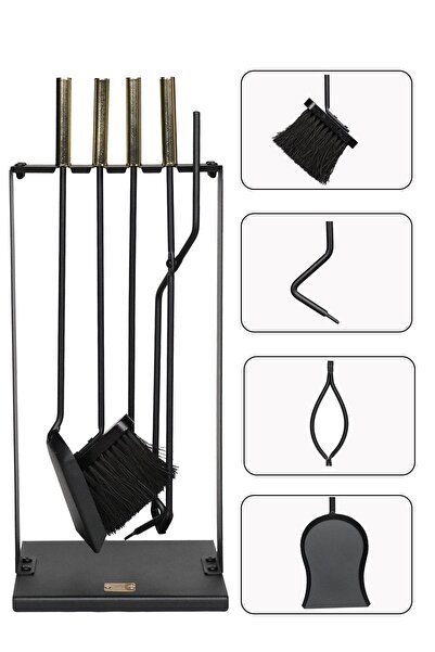 SOMINECO 5 Li Lüx Ithal Askı Standlı Gold Saplı Şömine-Soba Maşa Takımı Aksesuar Set 016