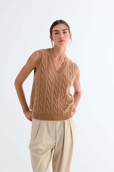 Silk and Cashmere Camel Sorelle Saf Kaşmir V Yaka Örgülü Yelek
