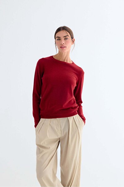 Silk and Cashmere Kiremit Kırmızısı Agata Saf Kaşmir Bisiklet Yaka Kazak