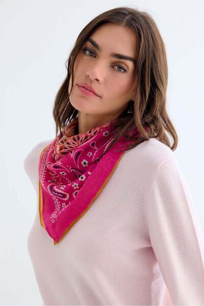 Silk and Cashmere Sarı Pembe Jas Desenli Kare Şal 70x70 cm