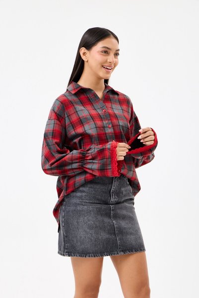 SLAVİ İSTANBUL Women's Red Gray Plaid Oversized Shirt with Lace Detail, Long Sleeves, Relaxed Fit